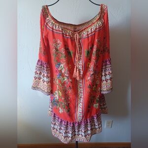 Umgee Red Floral Boho Mini Dress/Tunic Sm-Med